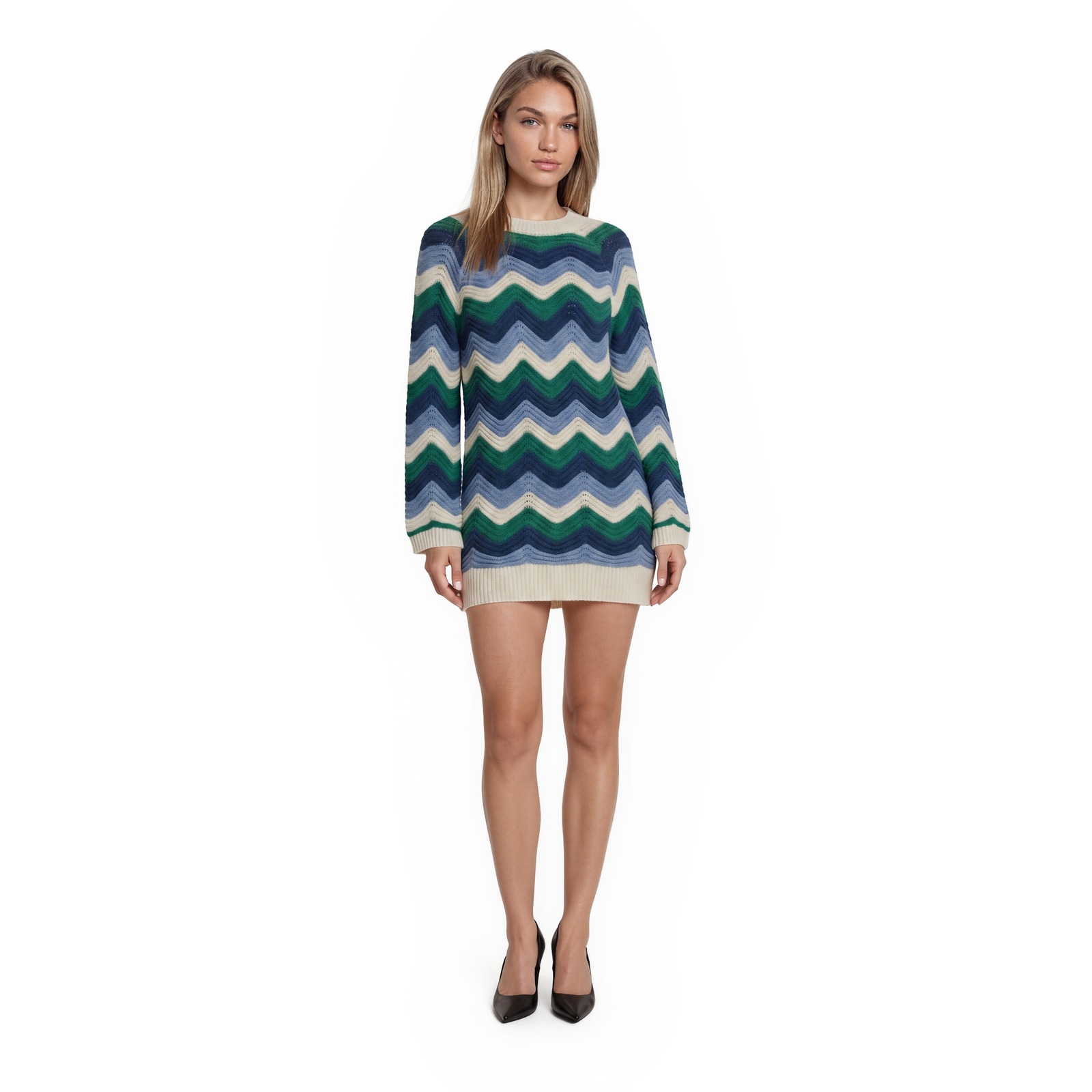 Hyacinth House Mini Sweater Dress Women's Size Xs Blue Green Chevron Bell Sleeve